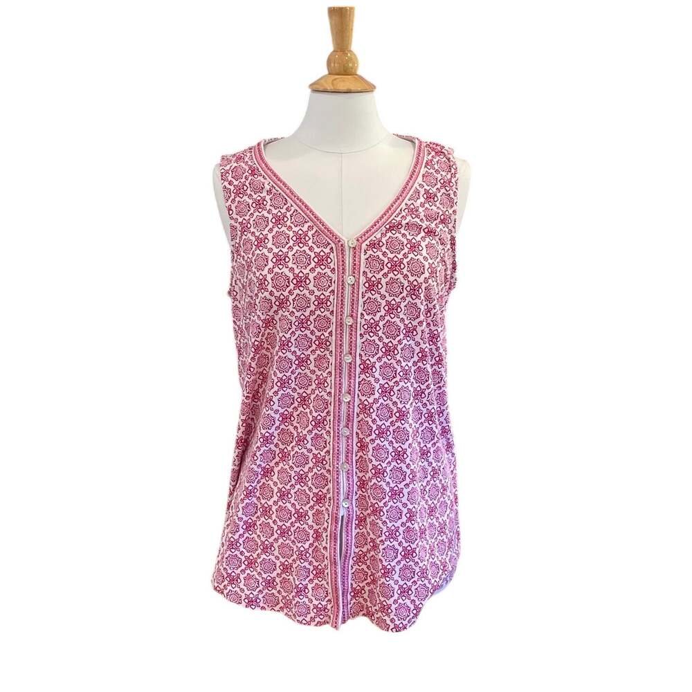J. Jill Sleeveless V-Neck Button Front Tunic Pink Allover Print, Size L